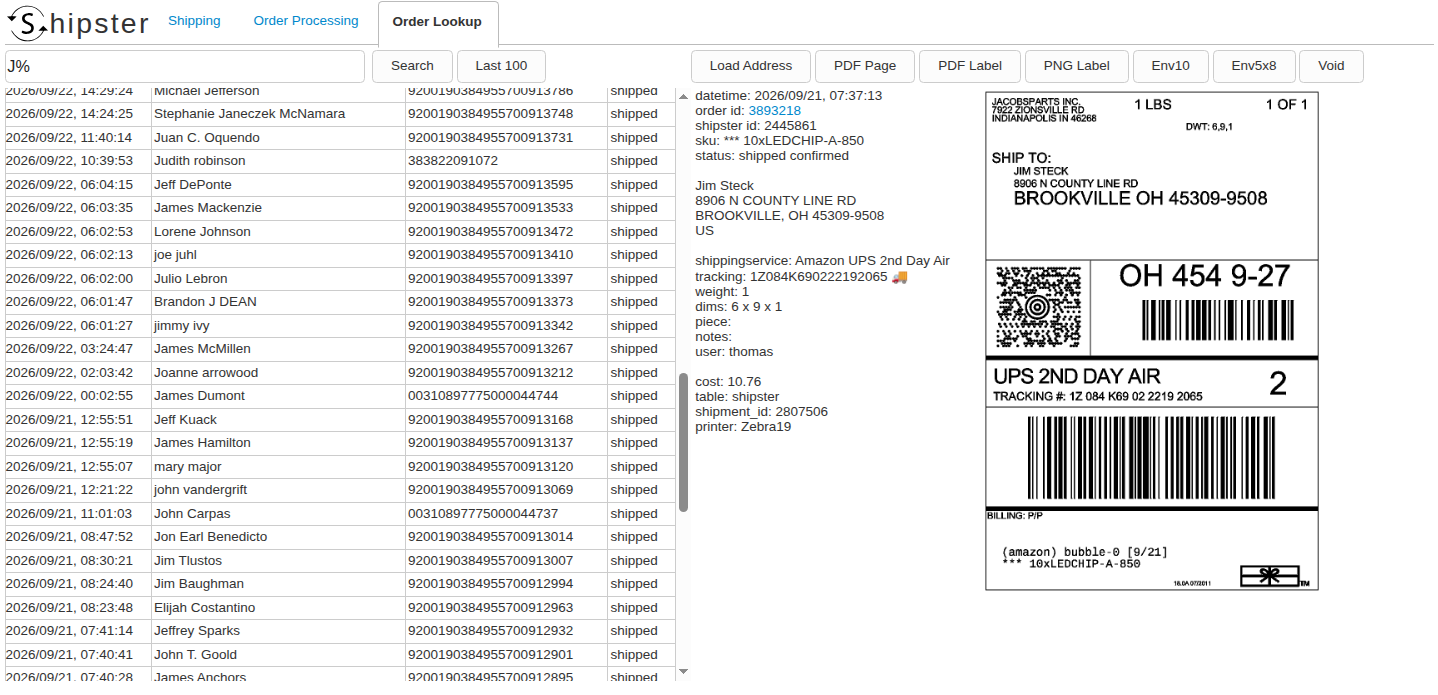 Shipster carrier-agnostic order processing queue with real-time order batches, address verification, and label printing.