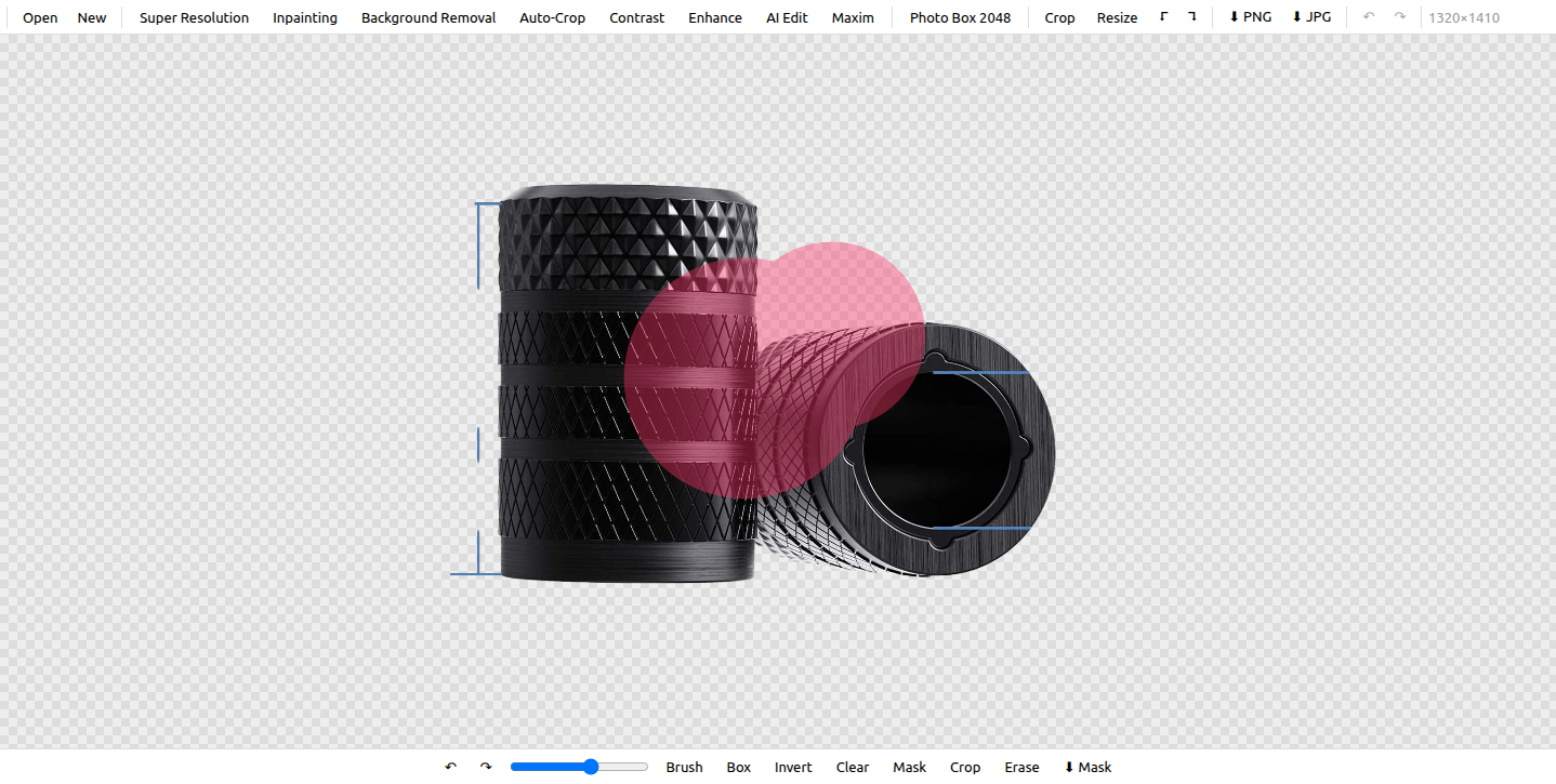 PixelDeck Studio interactive canvas masking editor showing client-side image editing with loaded product photo, active brush mask, and AI tooling.