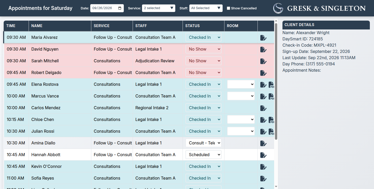 Legal client receptionist check-in dashboard showing real-time appointment flow and status state transitions.