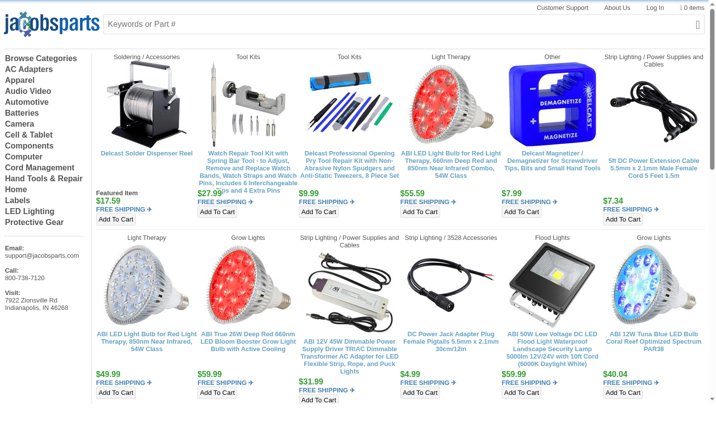 The live jacobsparts.com storefront: category navigation, product grid with prices, and free shipping badges.