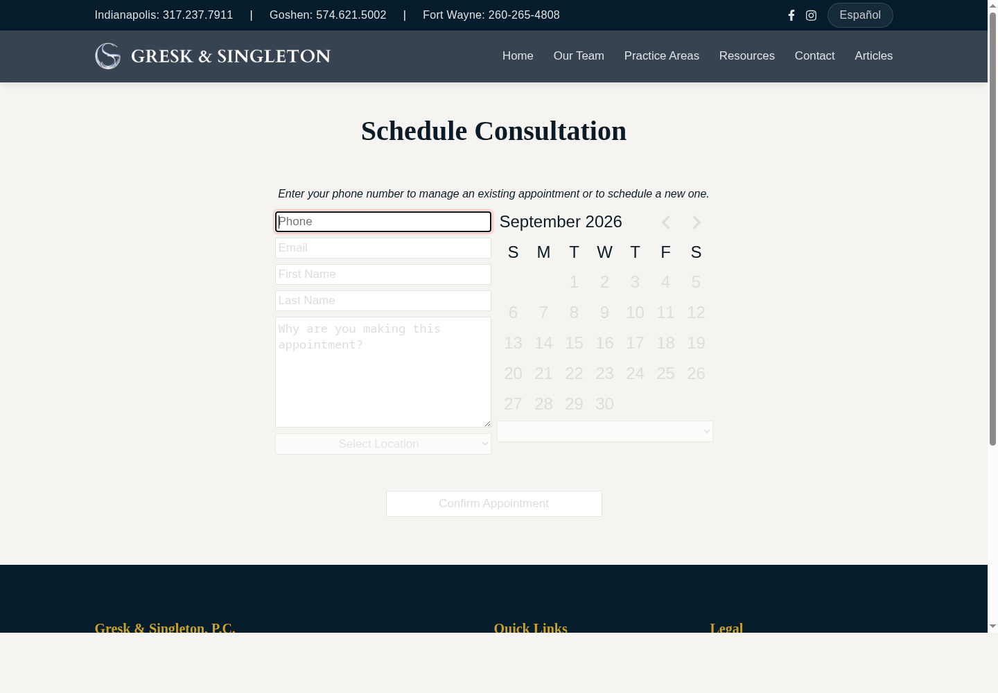 The firm's public Schedule Consultation page: phone number field, contact details, and a live calendar of available dates.