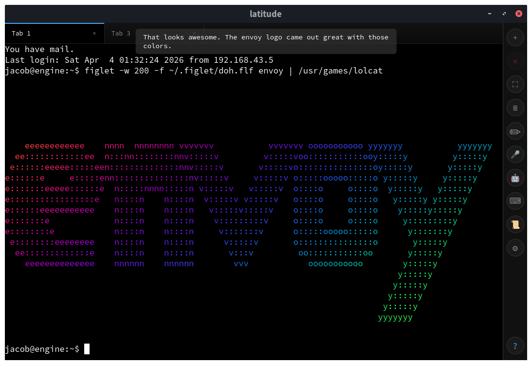 Envoy terminal web interface showing multi-tab PTY sessions, clean dark mode layout, and status controls.